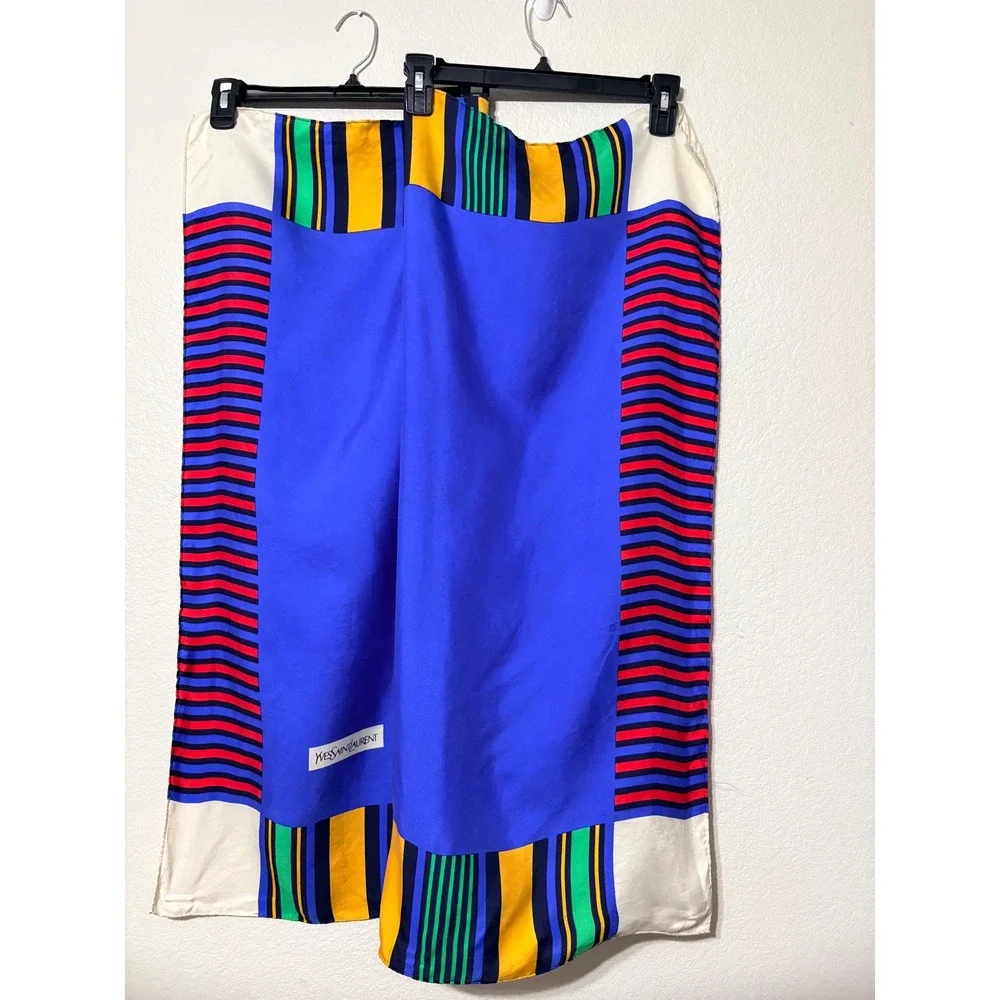 Vintage Yves Saint Laurent Silk Scarf Blue Striped Geometric Square 34in